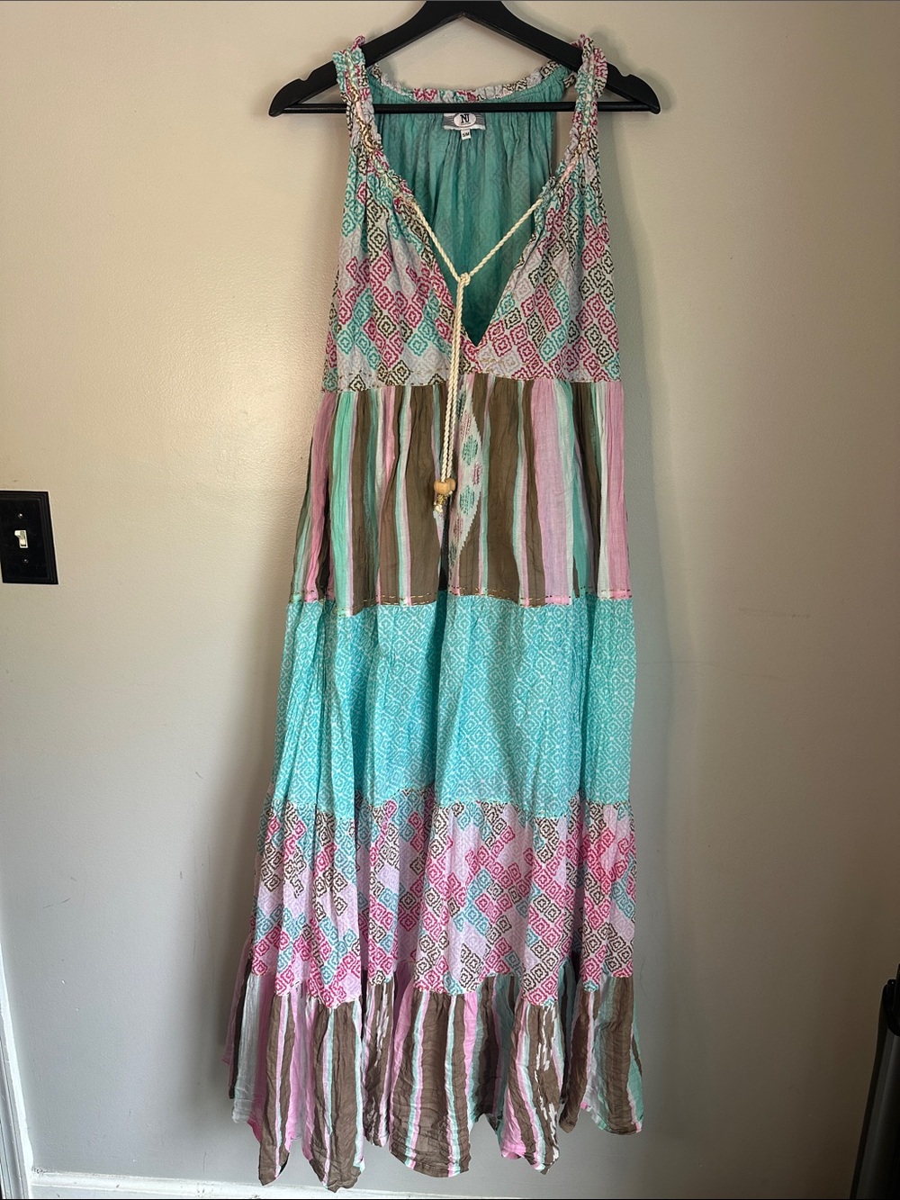 NJ Couture Boho Maxi Festival Dress With Metallic, Rope, Wooden Accents, S/M